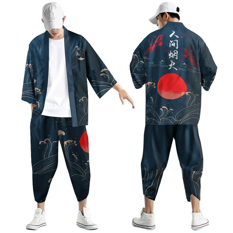 XXS-6XL Black Fox Printing Japanese Style Fashion Kimono And Pants Set Men Cardigan Blouse Haori Obi Asian Clothes