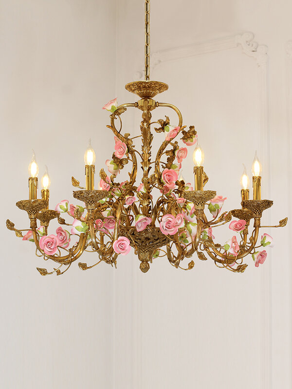 Французская Керамическая люстра с цветами, креативная романтическая вилла в европейском стиле для спальни, гостиной, столовой, медного и розового цвета