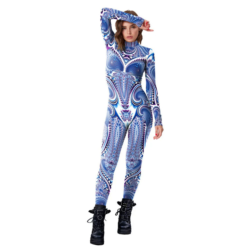FCCEXIO Halloween Party Abstract Geometry 3D Print Women Sexy Skinny Jumpsuit Carnival Cosplay Costumes Fancy Bodysuit 2023