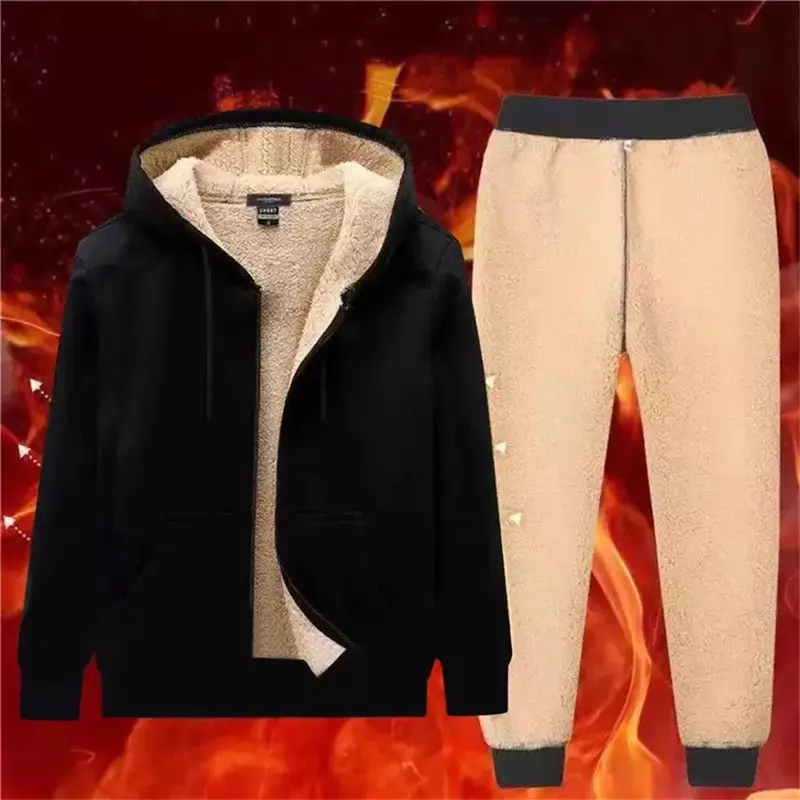 Autumn Winter Men's Fleece Thicken Warmer Sport Suit Sportswear Lambswool Thermal Hoodies Sweatpants Gym Men Long Pants Trousers