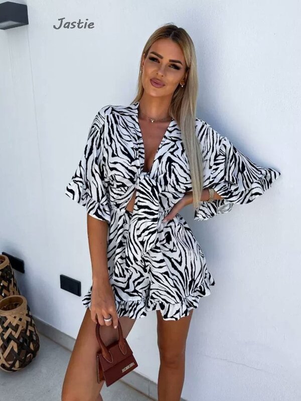 Zebra Print Ruffle Short Sleeves Summer  T-shirts + Shorts Set V-neck Lace-up Crop Top Shorts Suit Fashion Holidy Beach Outfits