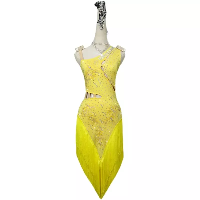 Nuovo vestito da ballo latino giallo personalizzato gonna da ballo con diamanti da donna Cha Cha gonna da ballo per Tango costumi da palcoscenico professionali per adulti
