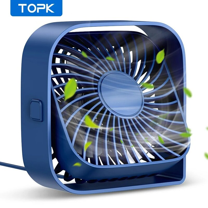 Topk-Mini Portátil USB Desk Fan, Mesa, Silencioso 3 Velocidade Vento Fan pessoal, 360 ° Cabeça Rotativa, Fãs de pé para o quarto, Camping, Hom