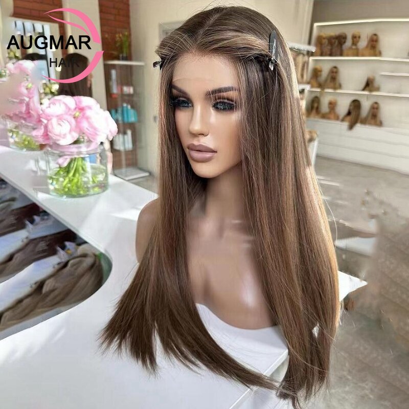 Peruca de cabelo humano reta Glueless, Destaque Castanha, HD Lace Frontal Peruca, 360 Lace Front Wig, 13x6