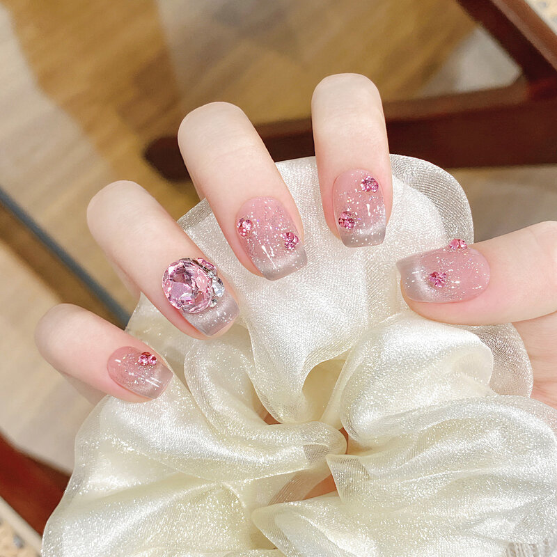 10 pezzi di strass rosa occhi di gatto fatti a mano stampa sulle unghie testa quadrata unghie finte disegni copertura completa Nail Art unghie finte indossabili