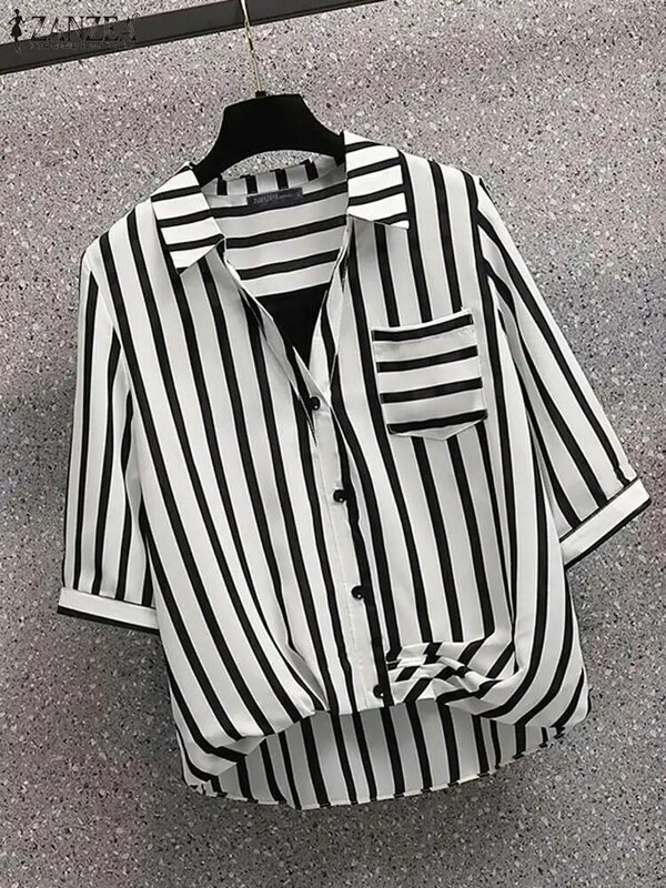 ZANZEA Stylish Ruched Hem Women Shirts 2024 Fashion Casual Lapel Neck Half Sleeve Striped Chemise Elegant Button Up Tops Tunic