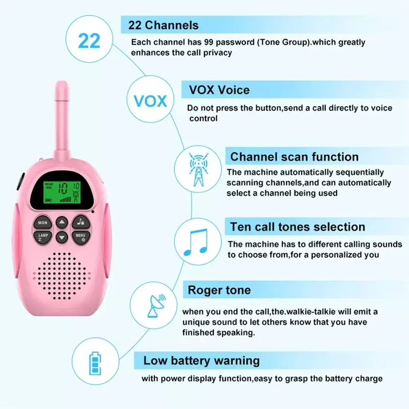 Mini walkie-talkie portátil para niños, 2 piezas, 3-5km, largo alcance, batería de 1000mAh, Radio, interfono, juguetes con linterna, regalo para niños y niñas