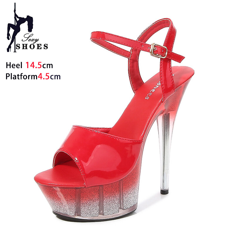 Sepatu tari tiang musim panas tali gesper pergelangan kaki 14.5CM hak tipis transparan sandal Platform wanita klub malam ukuran Plus 42