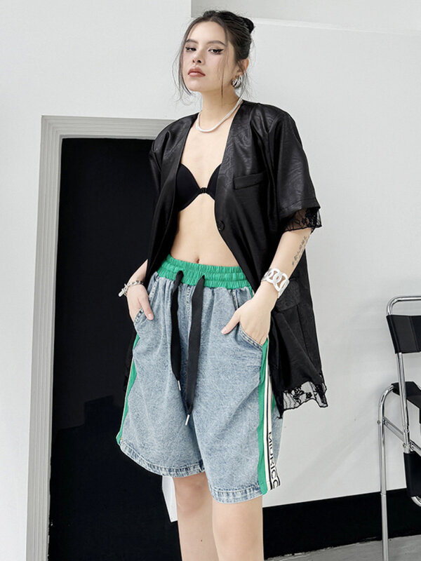 Summer Street Fashion Contrast Color Denim Shorts Women's 2024 New Water Washed Spliced High Elastic Loose Slim Straight Pants