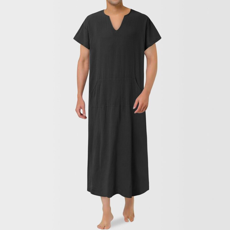 Mens Summer Simple Solid Muslim Robes Fashion Loose Short Sleeved V neck Thin Muslim Robes Shirts Islamic Arab Business Shirt
