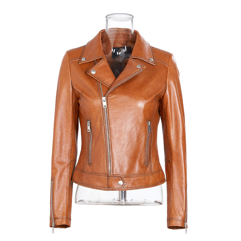 Nueva chaqueta de cuero de piel de oveja para mujer, chaqueta pequeña de cuero para motocicleta a la moda para mujer