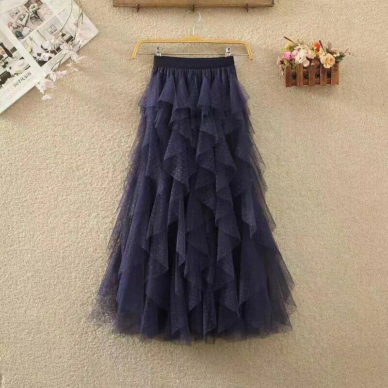 Maxi Tutu Tulle Skirt Women 2024 Summer Fashionable Irregular Tiered Mesh High Waist Pleated Long Skirt Female Casual Skirt Q874