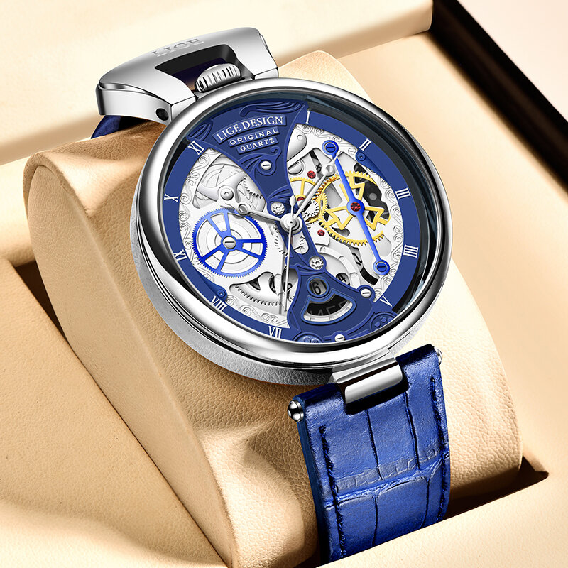 LIGE Men Watch Creative Quartz Watches Fashion Casual Waterproof Auto Date cinturino in pelle orologio di lusso da uomo Gentleman Gift + Box