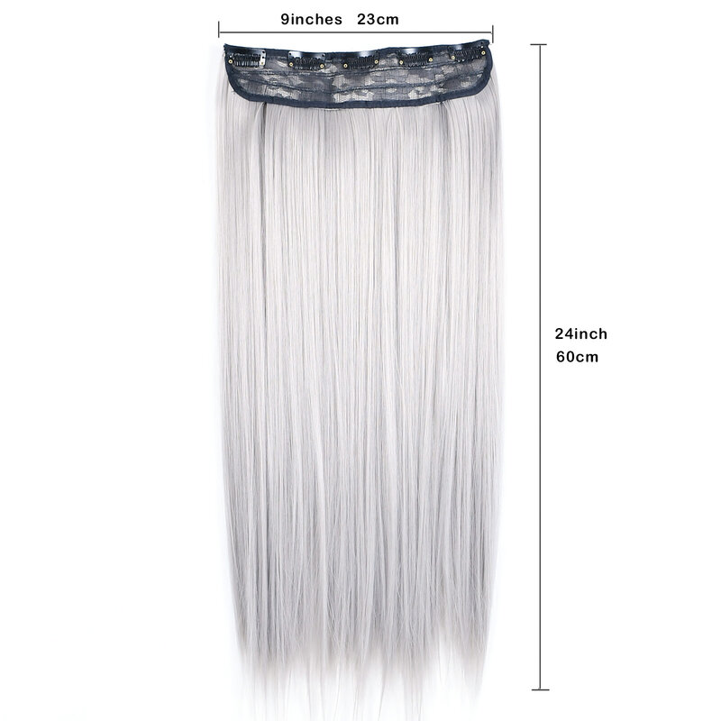 Grampo na extensão sintética do cabelo, hairpieces retos longos, cor preto e cinza, 1 pc