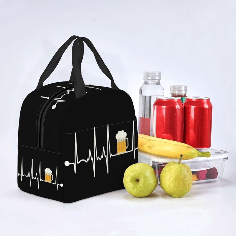 Beer Heartbeat Insulated Lunch Bag for Women Resuable Thermal Cooler Food Lunch Box Work School Travel Picnic Tote Bags