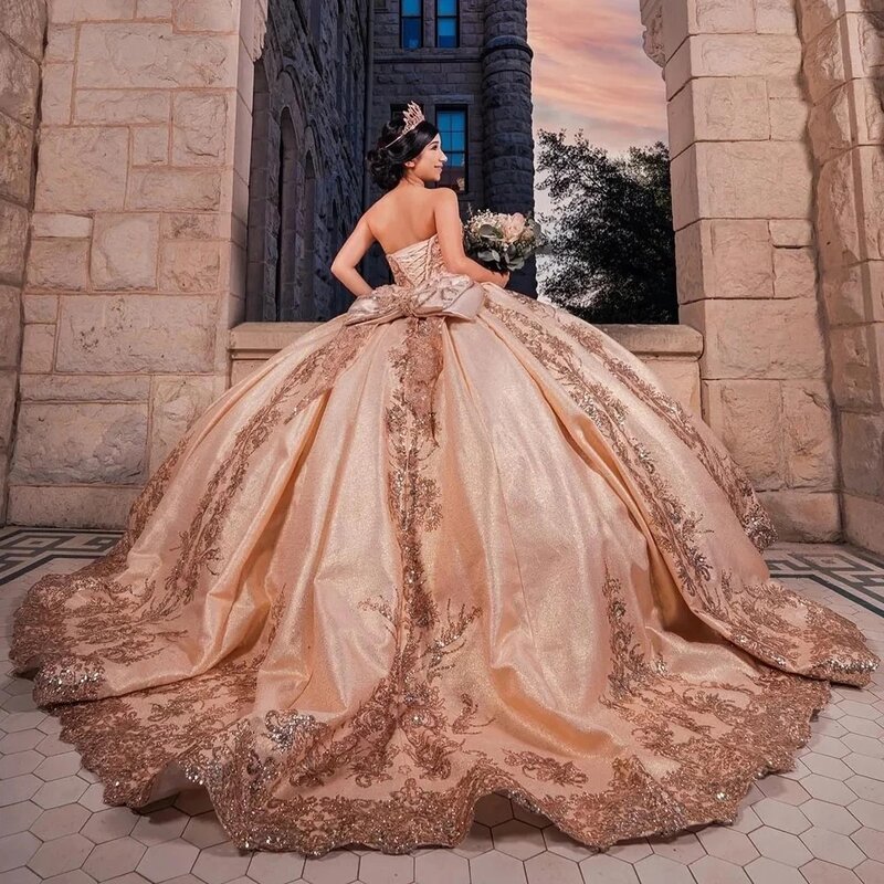Luxury Glitter Sequined Lace Appliques Quinceanrra Prom Dresses Romantic Sweetheart Neck Princess Long Sweet 16 Dress Vestidos