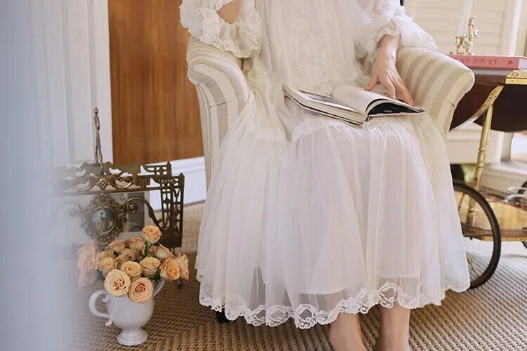 Летняя женская ночная рубашка с принтом, кружевная Дамская длинная ночная рубашка с коротким рукавом, однотонная Роскошная Домашняя одежда во французском стиле с круглым вырезом для женщин