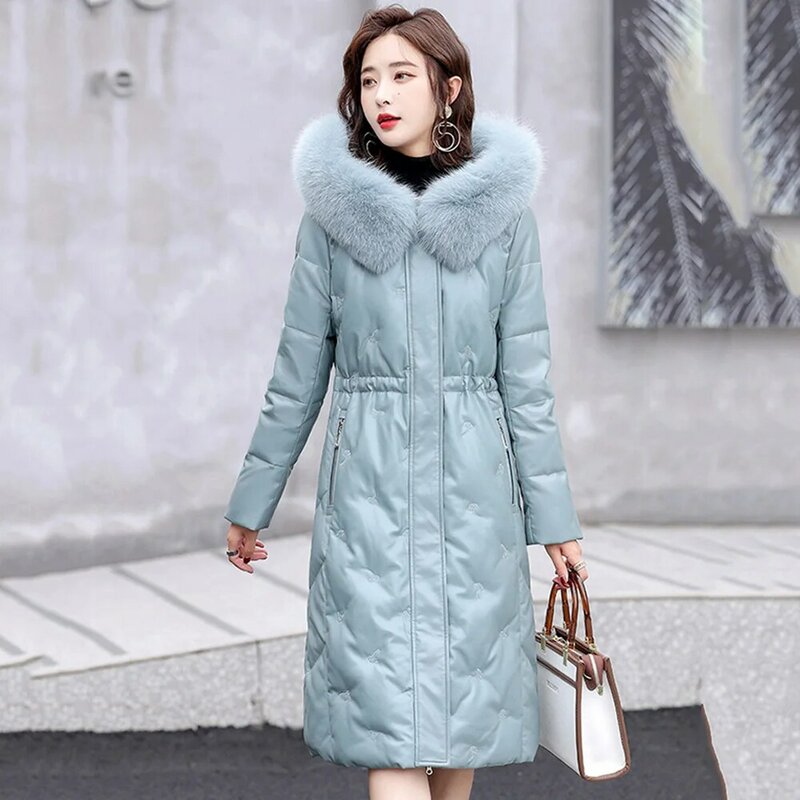 New Women Winter Casual Hooded Leather Down Coat Fashion Warm Fox Fur Collar Slim Long Sheepskin Down Jacket Split Leather