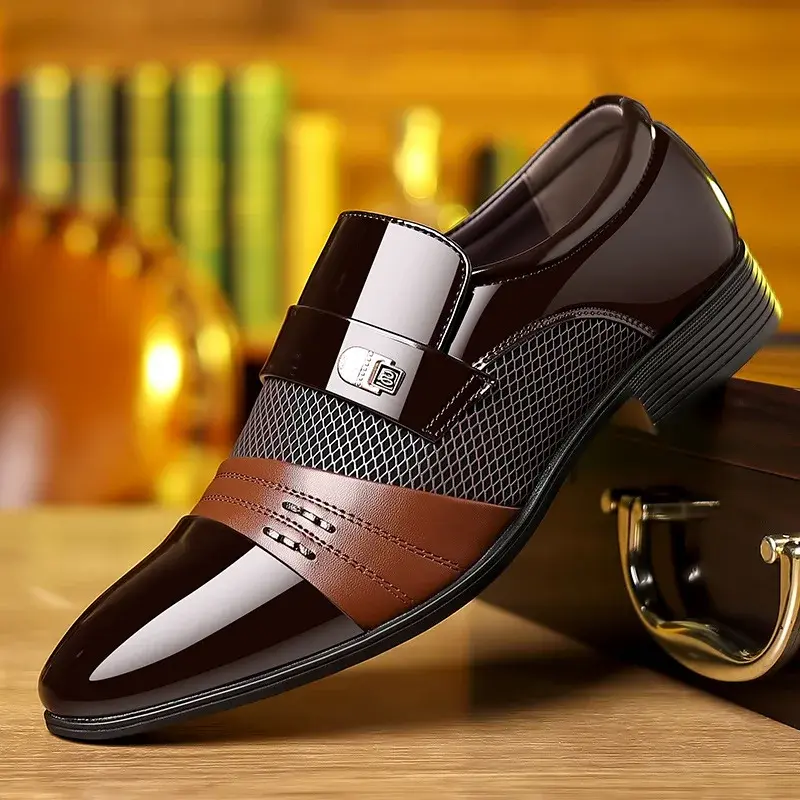 Sapatos masculinos de couro de dedo apontado preto, sapatos Oxford formais, festa, escritório, negócios, casual, vestido