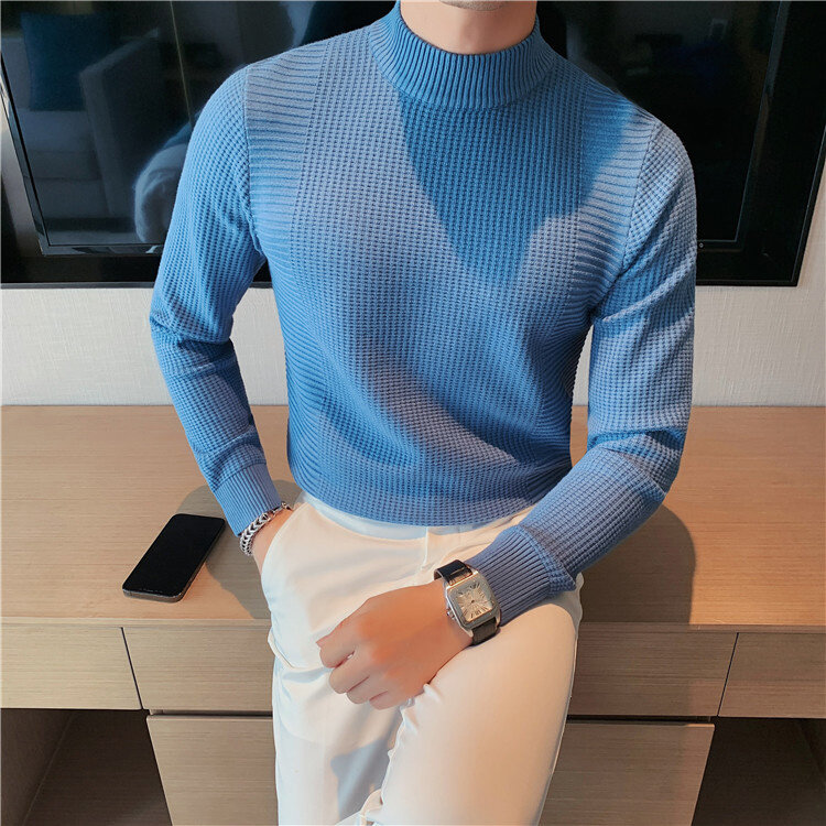 2023 New Male High End Fashion Knitted Pullover Sweater Men Half Turtle Neck Winter Woolen Casual Jumper Clothes
