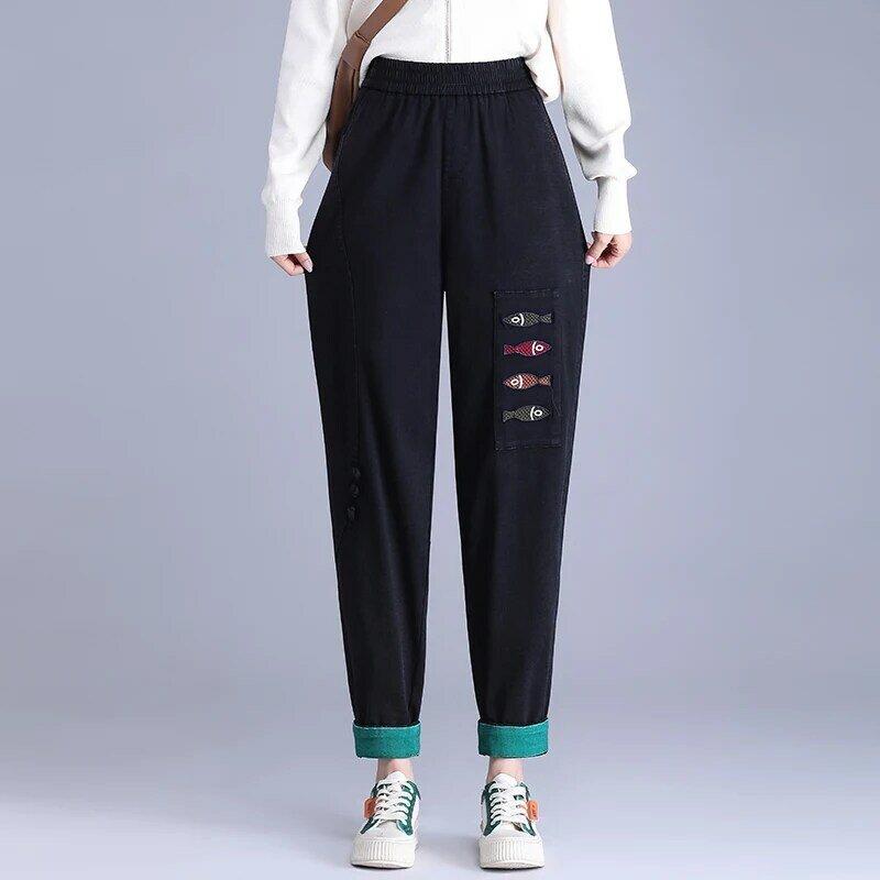 กางเกงยีนส์2023สำหรับฤดูหนาวใหม่กางเกงยืดกางเกงรัดรูปกางเกงผู้หญิงผ้าฝ้ายแท้