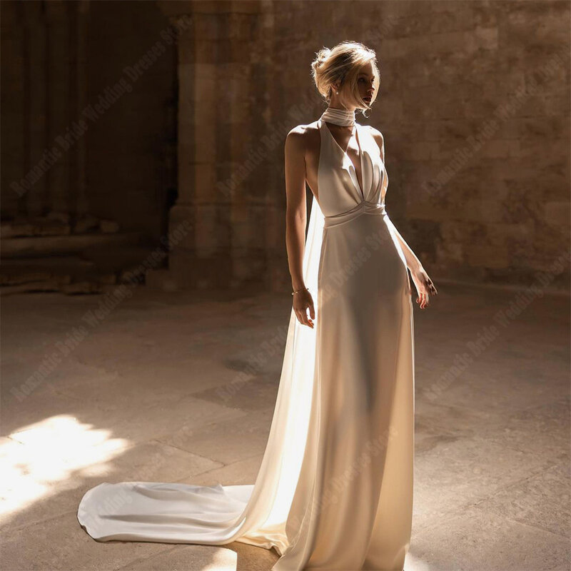 Gaun pernikahan wanita garis A anggun sederhana gaun pengantin permukaan Satin lembut murah hati jubah berlipat tanpa lengan seksi "marifee 2024