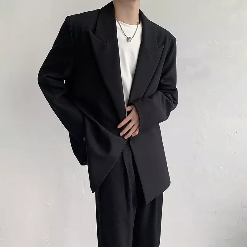 Jaket blazer pria trendi gaya Korea, jaket bertali pinggang warna Solid dengan kerah Lapel 2023 musim semi mode baru untuk pria 9A7638