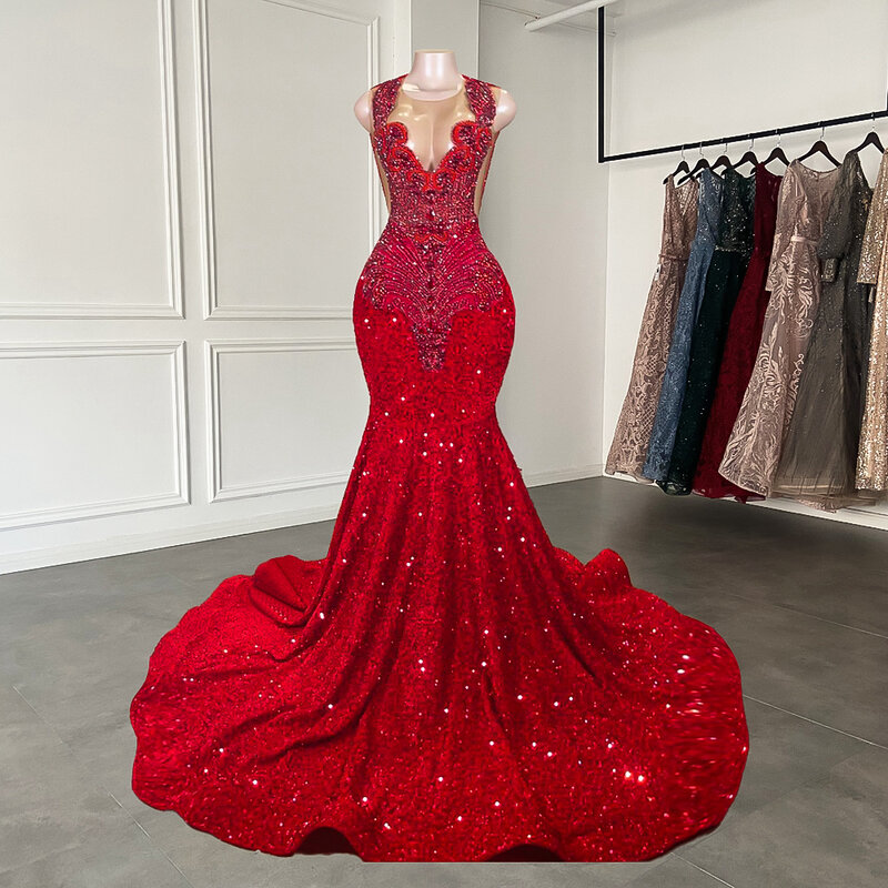 Robe de bal longue en maille Style sirène pour filles, luxueuse tenue de bal de standing, en velours rouge, avec perles et diamants scintillants, 2023