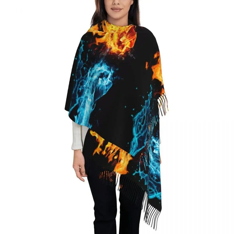 Xaile longo de pashmina feminino, lenço de franja, mão de fogo e água, lenço grande