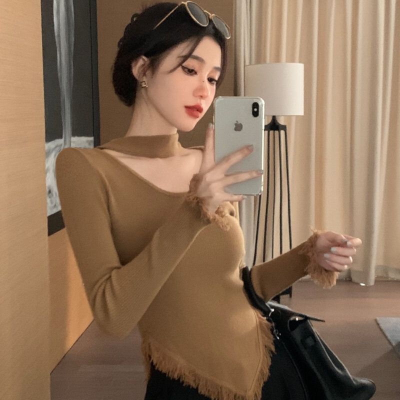Pulover Lengan Panjang Wanita Musim Gugur Musim Dingin Mode Rumbai Halter Lembut Gaya Korea Solid Antik Sederhana Kasual Streetwear Chic