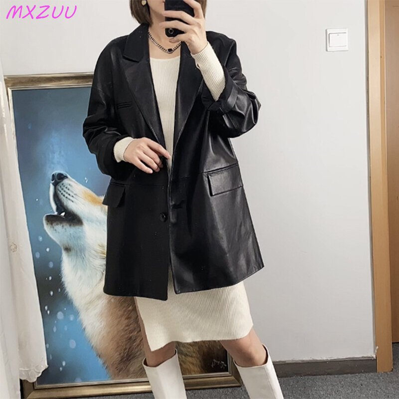 Jaket Kulit Wanita Profil Mantel Setelan Ukuran Besar Sedang Hingga Panjang Hitam Klasik Serbaguna Pasangan Kulit Domba Asli Cappotti Donna