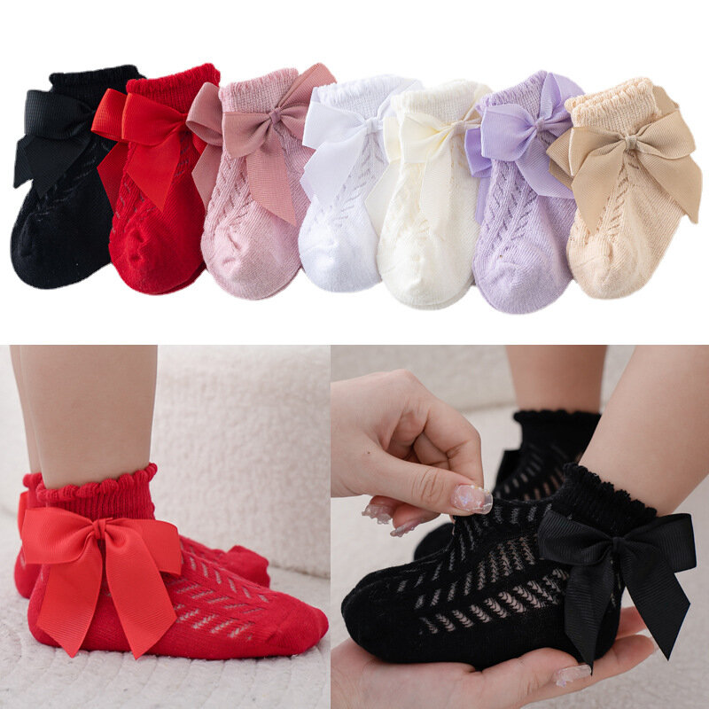2024 Spring/Summer new bow girls breathable mesh socks cute little princess red first year socks