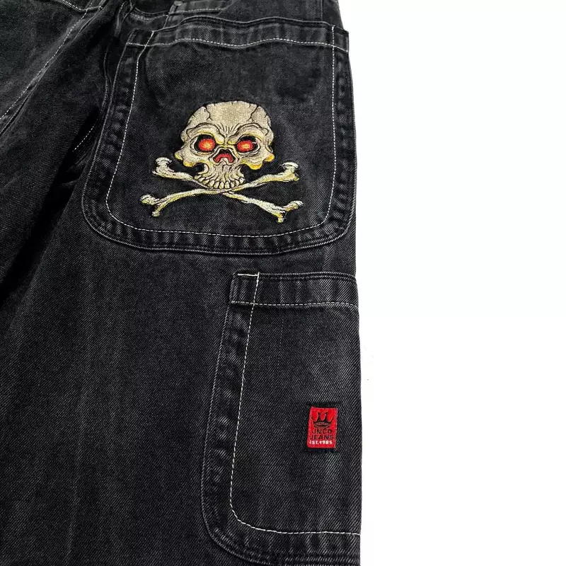 Harajuku retro skull pattern embroidered loose jeans denim trousers for men and women gothic high-waisted wide pants JNCO Jeans
