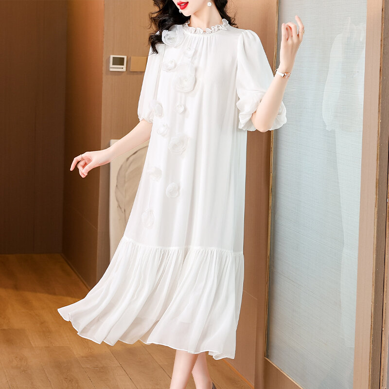 Gaun Midi wanita, hiasan bunga manik-manik mewah putih renda gaun Maxi longgar elegan Korea musim panas Vintage Chic pesta malam Vestido 2024