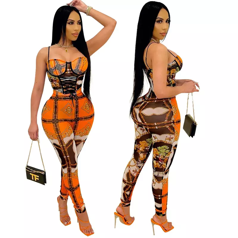 2024 Women Sleeveless Printing Fashion Sexy Mesh Perspective Suspender Chest Wrapped Nightclub Jumpsuit