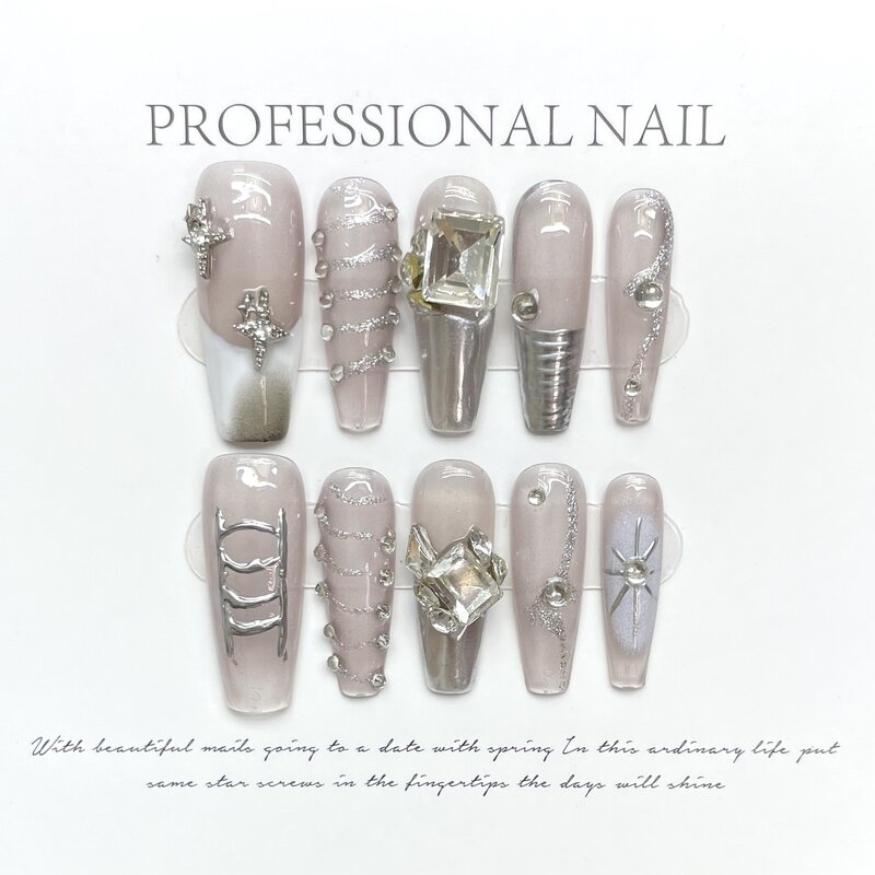 Shiny Handmade Nails Press on Full Cover Manicuree Big Diamonds False Nails Wearable Artificial With Tool Kit