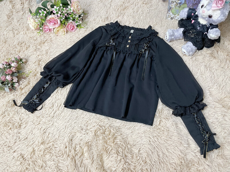 Original Lolita Long Sleeve Inner Wear Top Round Neck Solid Color Shirt Spring and Autumn Lace Retro Heavy Industry Blouse