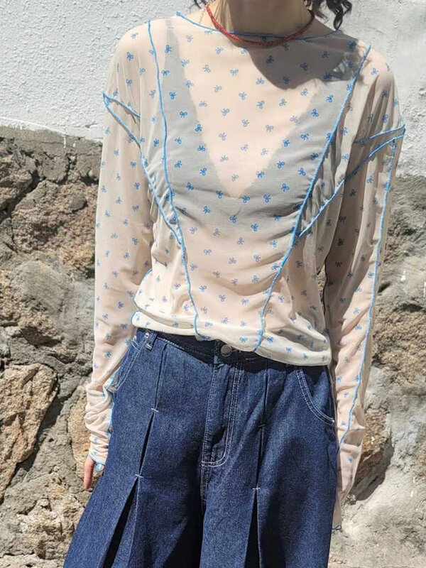 Женская Повседневная Сетчатая футболка Y2k с принтом и бантом, японская кавайная верхняя одежда с длинным рукавом, топ, летние новые футболки для защиты от солнца