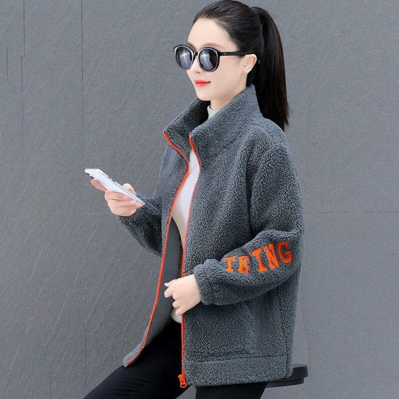 Warm Women Coat Women Thermal Jacket Thick Fleece Winter Coat with Stand Collar Letter Pattern Pockets Warm Mid Length for Women