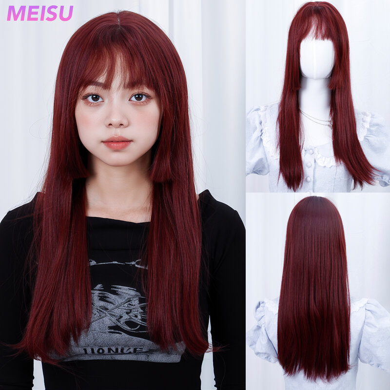 MEISU-peruca franja reta longa para mulheres, vermelho escuro, fibra sintética, resistente ao calor, festa natural, selfie, 22"