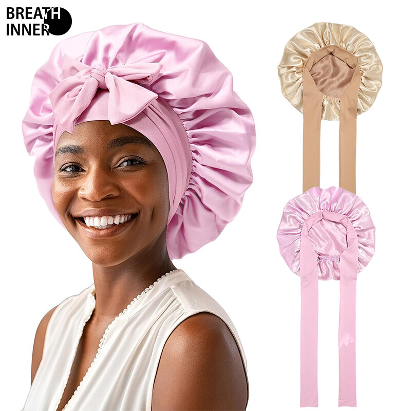 Satin Bonnet with 2PCS Hair Scrunchies for Women Tie Band Hair Bonnet for Sleeping Large 2 Layered Silk Sleeping Cap Nightcap