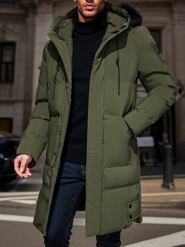 2023 Warm Hooded Mid-length Jacket Mens Casual Zip Up Cotton Padded Jacket Overcoat Autumn Winter Windbreaker Coats Men Clothing