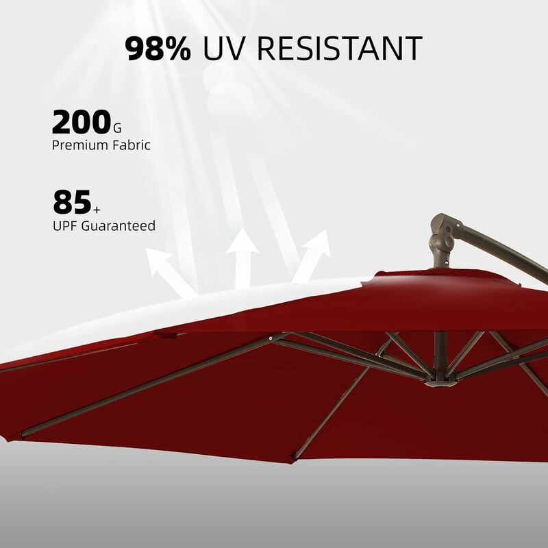 10 FT Cantilever Outdoor Umbrellas w/Infinite Tilt, Fade Resistant Waterproof Solution-Dyed Canopy & Cross Base, Burgundy