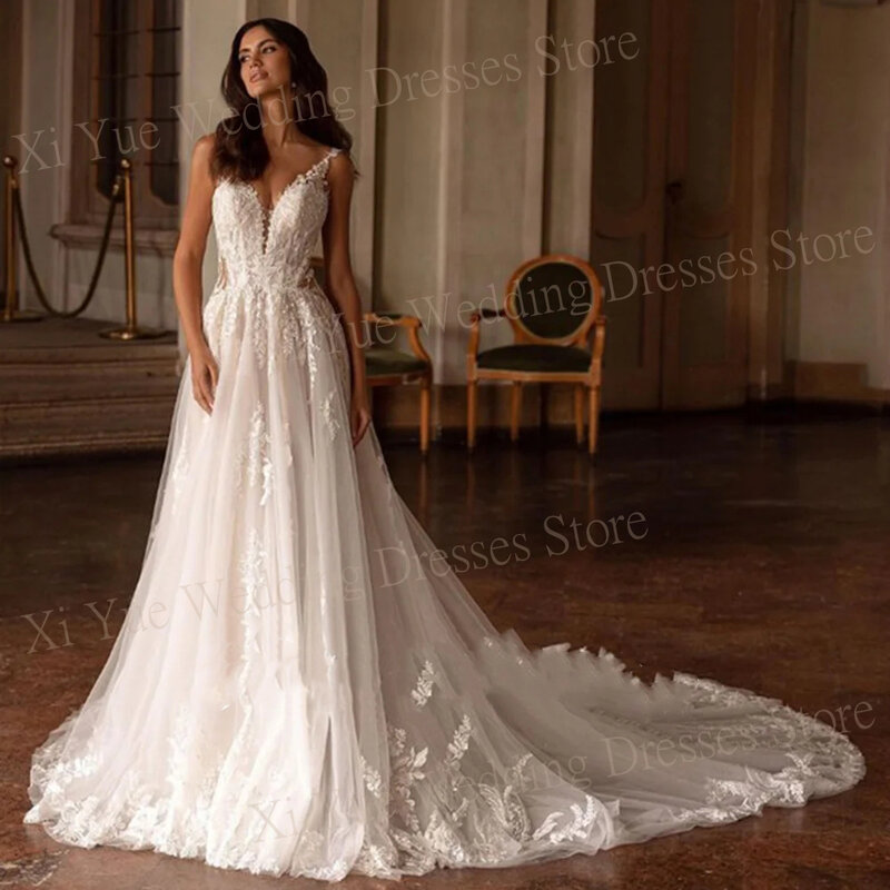 Beautiful Exquisite A Line Wedding Dresses V-Neck Lace Appliques Bride Gowns Sleeveless Spaghetti Straps Tulle Vestidos De Novia