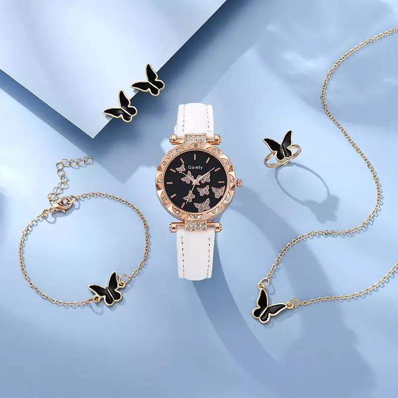 Relógio de luxo para mulheres, colar anel brincos pulseira conjunto, pulseira de couro borboleta, relógio de pulso quartzo feminino, sem caixa, 1 pc, 6pcs