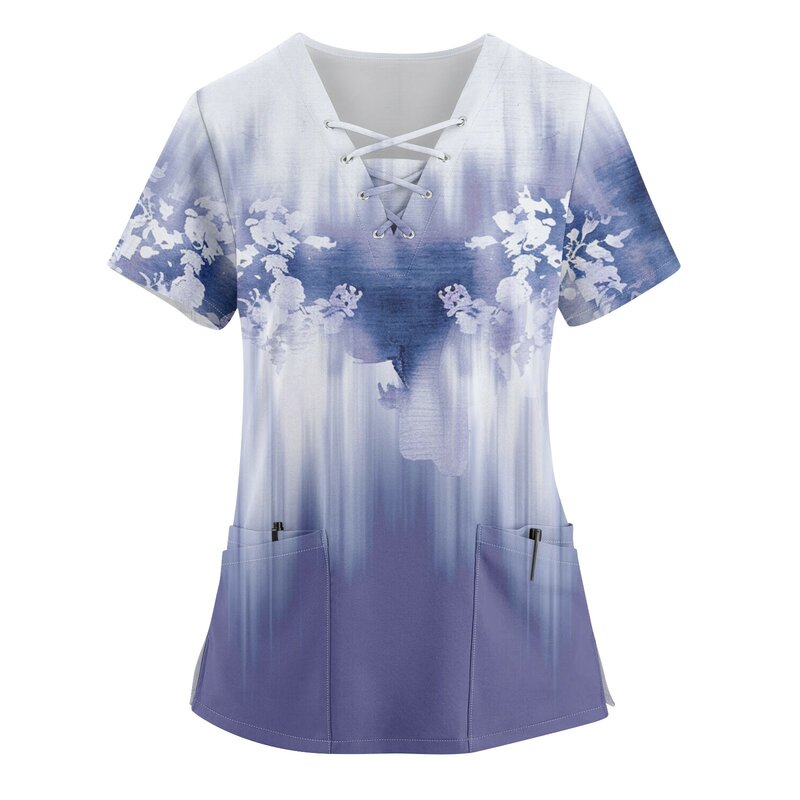 Plus Size Dames Uniform 2024 Bedrukte Scrub Werkbladen V-Hals Print Leuke Shirts Werkkleding T-Shirt Met Zakken Met Korte Mouwen