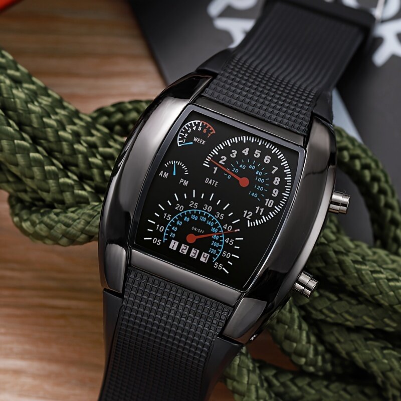 Relógio esportivo masculino Slim Design LED, estilo de aviação, rosto quadrado, presente ideal