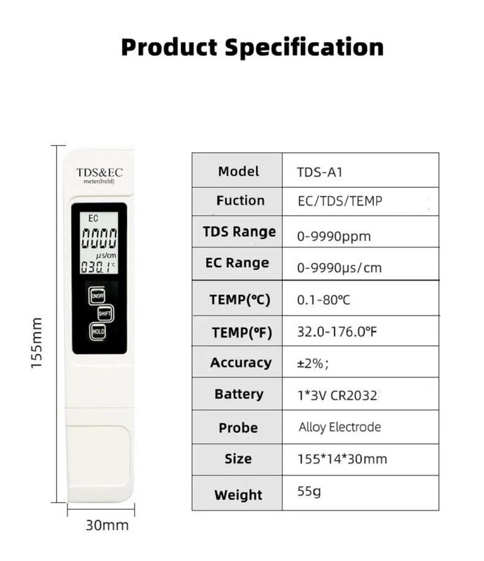 CE e TDS Digital alta precisão caneta tipo temperatura medidor, 3 em 1, venda quente