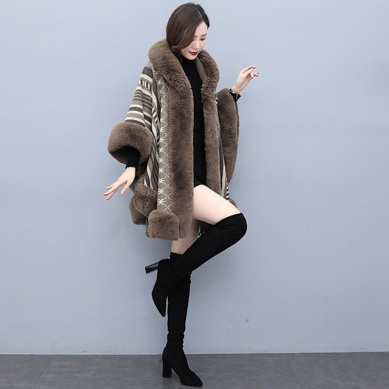 Mantel bulu imitasi untuk wanita, mantel bulu imitasi versi setengah panjang, pakaian luar tebal hangat mode Vintage bertudung 2023