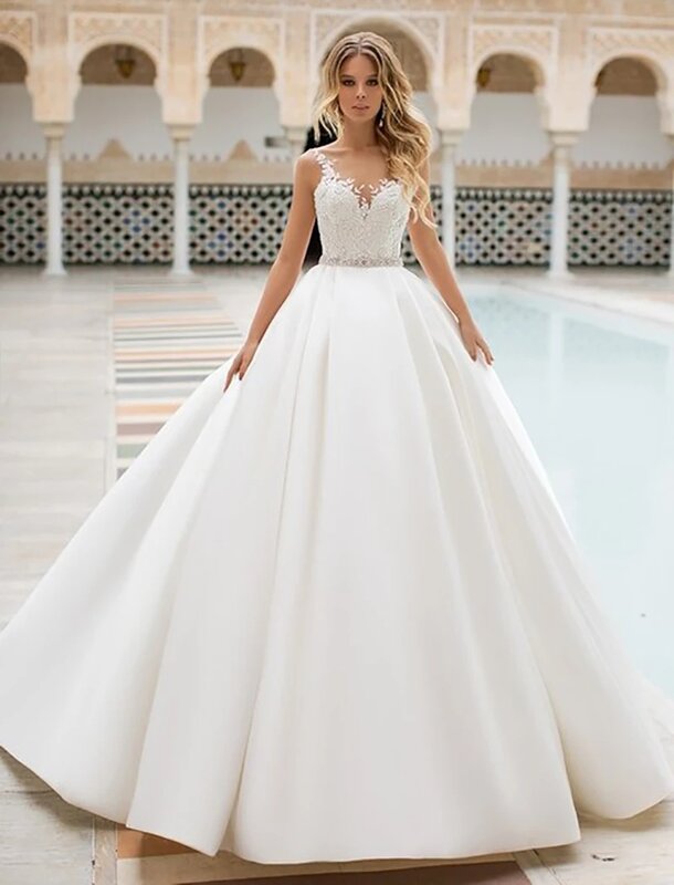 Gaun pernikahan model A Line seksi gaun pengantin Satin ilusi applique renda gaun pengantin bohemian untuk wanita ukuran kustom menakjubkan